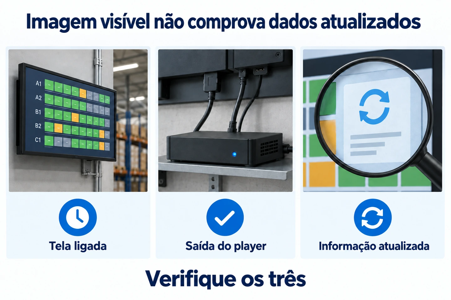 Três painéis mostram uma tela de armazém ligada, um player de mídia conectado e um símbolo de atualização de informações.