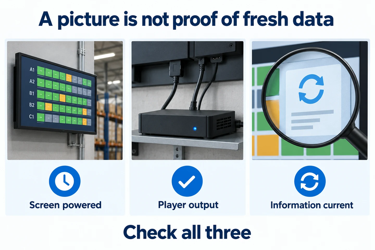 Three panels show a powered warehouse screen, a connected media player and an information refresh symbol.