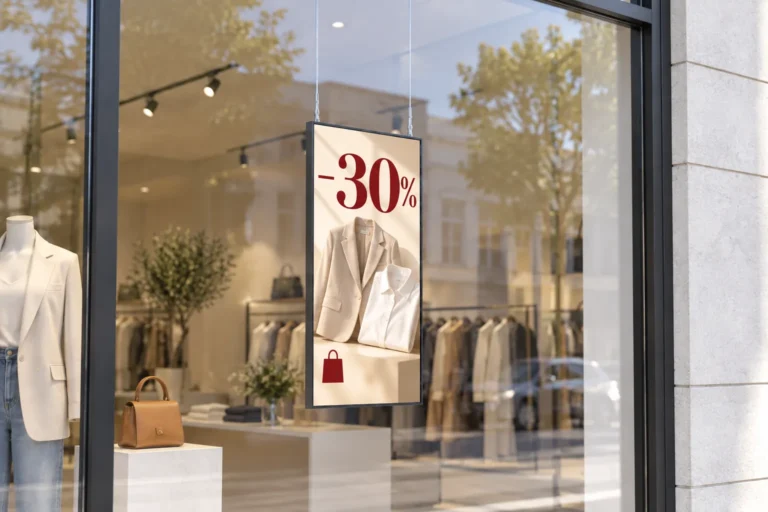 Illustration: A suspended window display advertises 30% off clothing behind a fashion-store window in daylight.