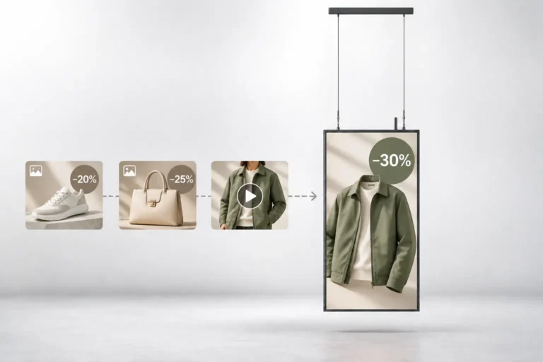 Illustration: Clothing, shoe and handbag campaign thumbnails lead to a suspended window display showing a jacket discount.