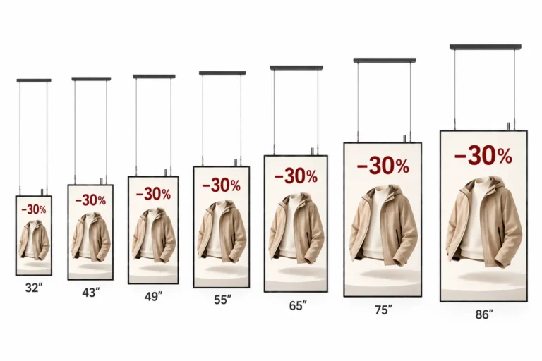 Illustration: Seven suspended window displays, from 32 to 86 inches, show the same clothing promotion in increasing sizes.