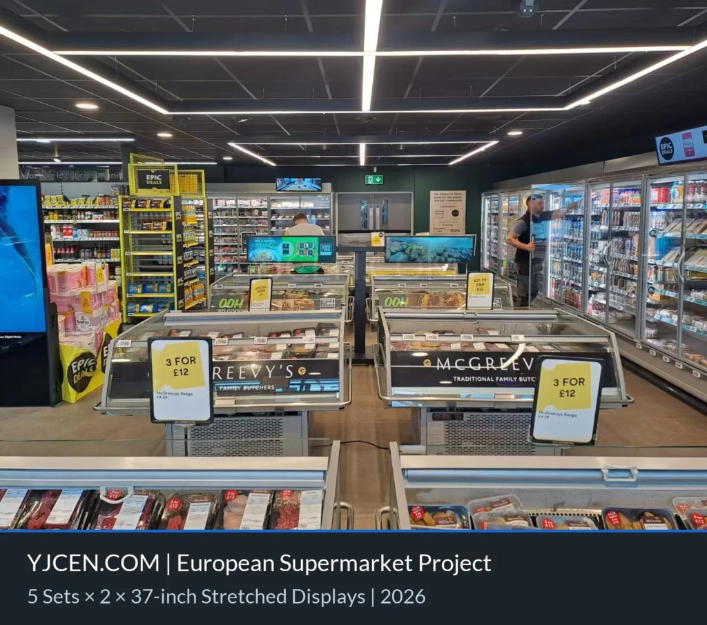 37-inch stretched displays on custom floor stands above refrigerated product displays in a European supermarket.