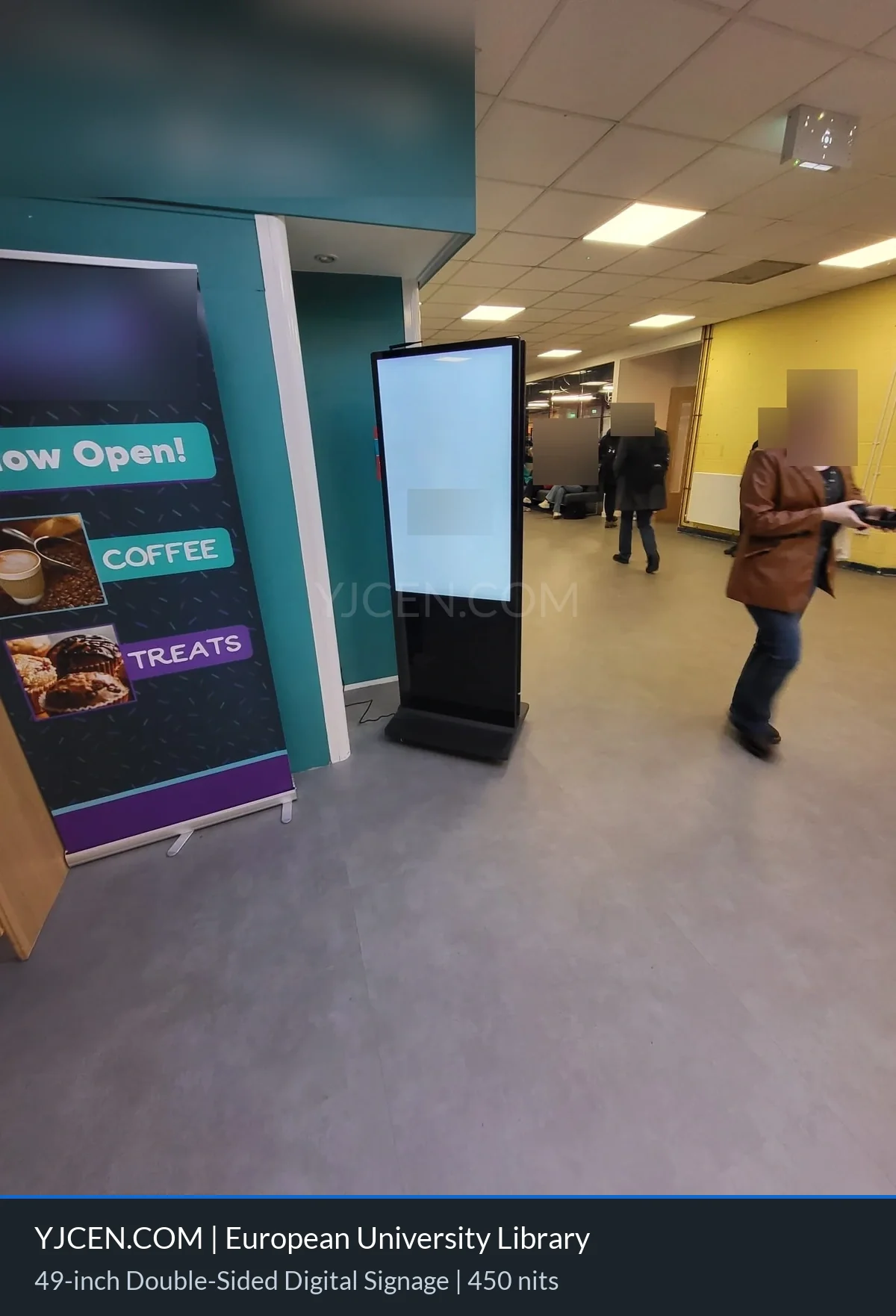 49-Zoll-Bibliotheksdisplay — erste Blickrichtung Freistehendes 49-Zoll-Digital-Signage-Display neben einer grünen Wand im Innenbereich einer Hochschulbibliothek.