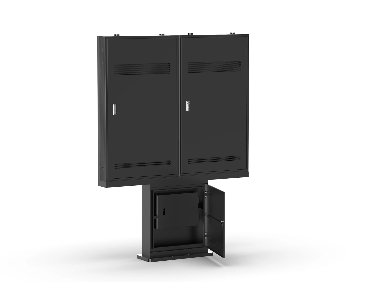 Puerta posterior del pedestal abierta en la pantalla de menú para drive-thru de dos paneles