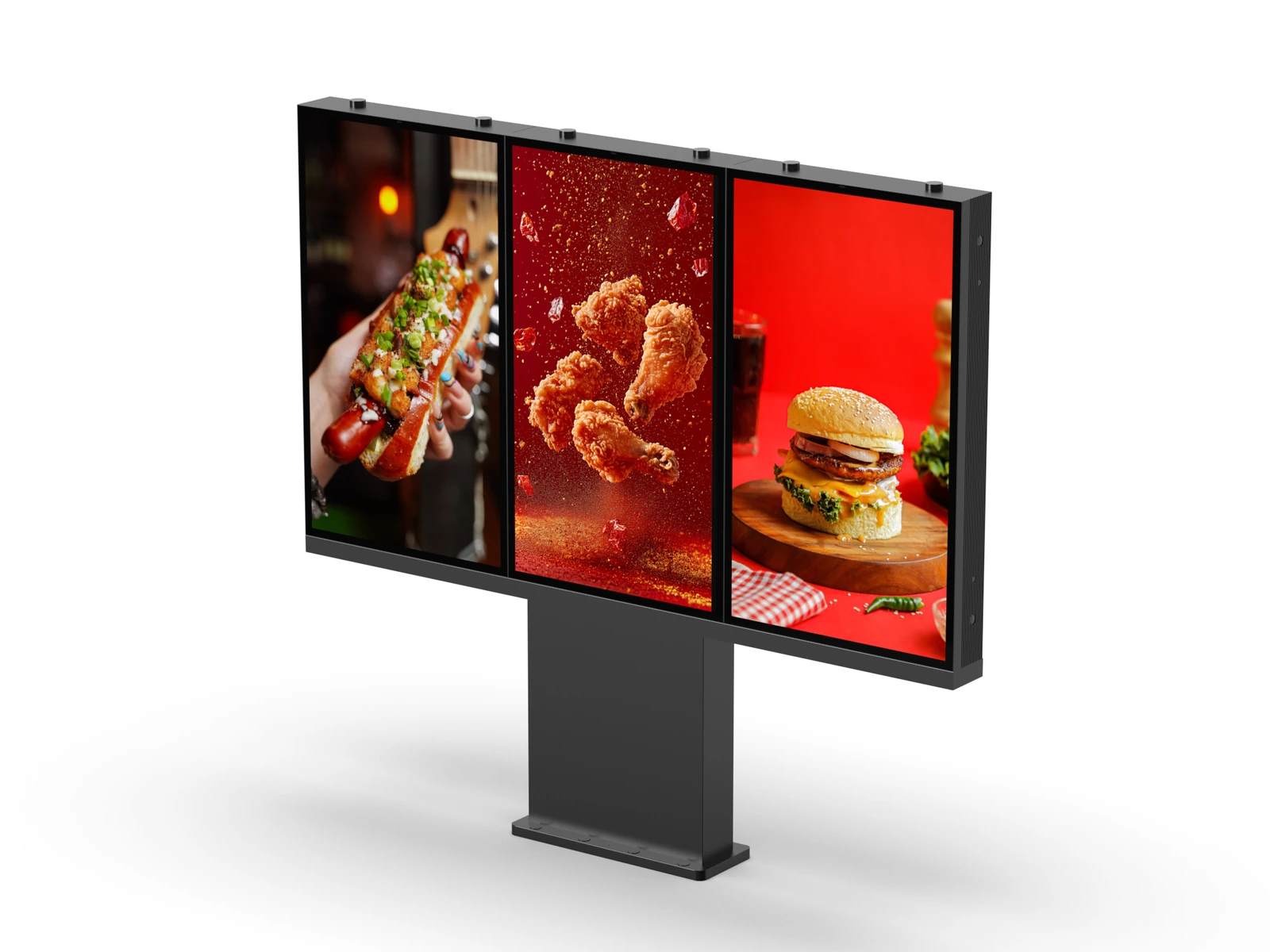 Pantalla de menú digital para drive-thru con tres paneles de 55 pulgadas, vista en ángulo