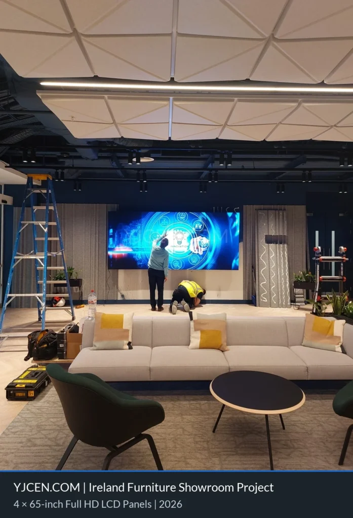 Installatie van een LCD-videowall met vier schermen achter een zetel en een salontafel in een Ierse meubelshowroom.