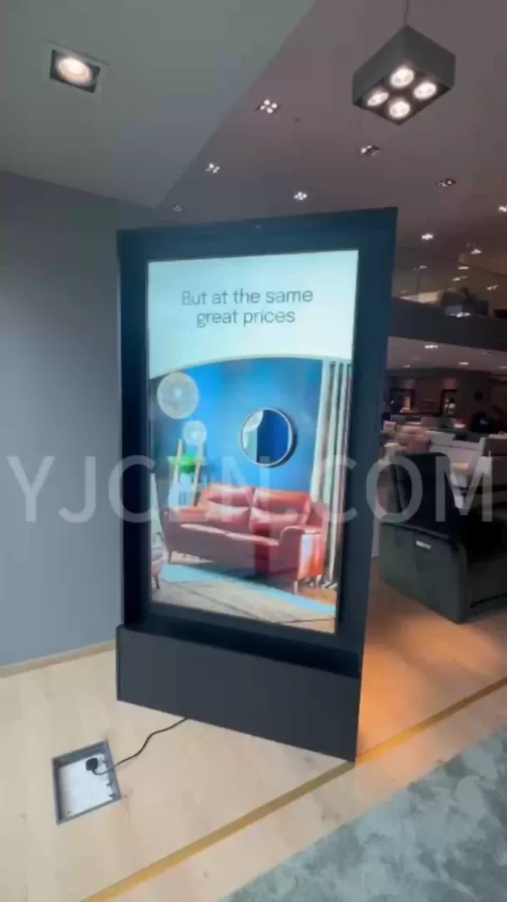Aperçu vidéo d’un écran YJCEN sur pied présentant des meubles dans le showroom.