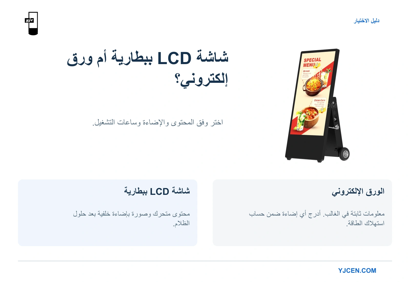 شاشة LCD بالبطارية من YJCEN مقاس 43 بوصة بجوار خيارين للمحتوى: LCD للمحتوى المتحرك والورق الإلكتروني للمعلومات الثابتة غالبًا.