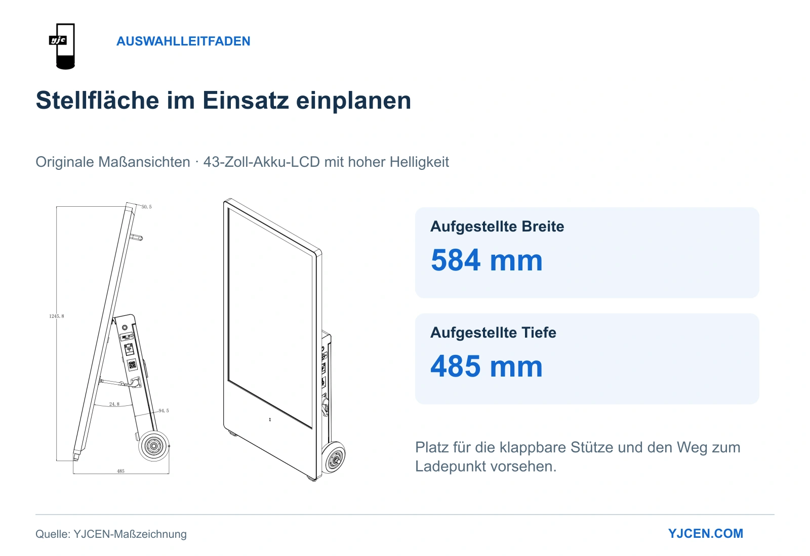 Originale YJCEN-Maßansichten des 43-Zoll-Akkudisplays mit 584 mm Breite und 485 mm Tiefe im aufgestellten Zustand.