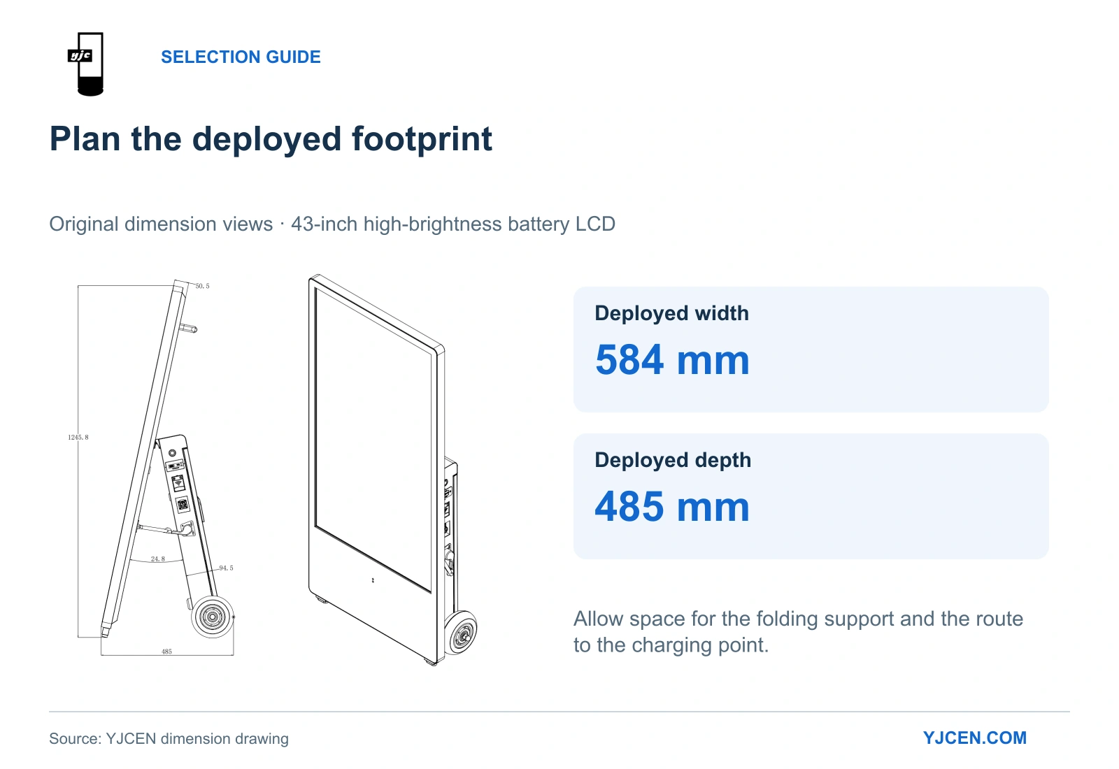 Original YJCEN dimension views showing the 43-inch battery display with a deployed width of 584 mm and depth of 485 mm.