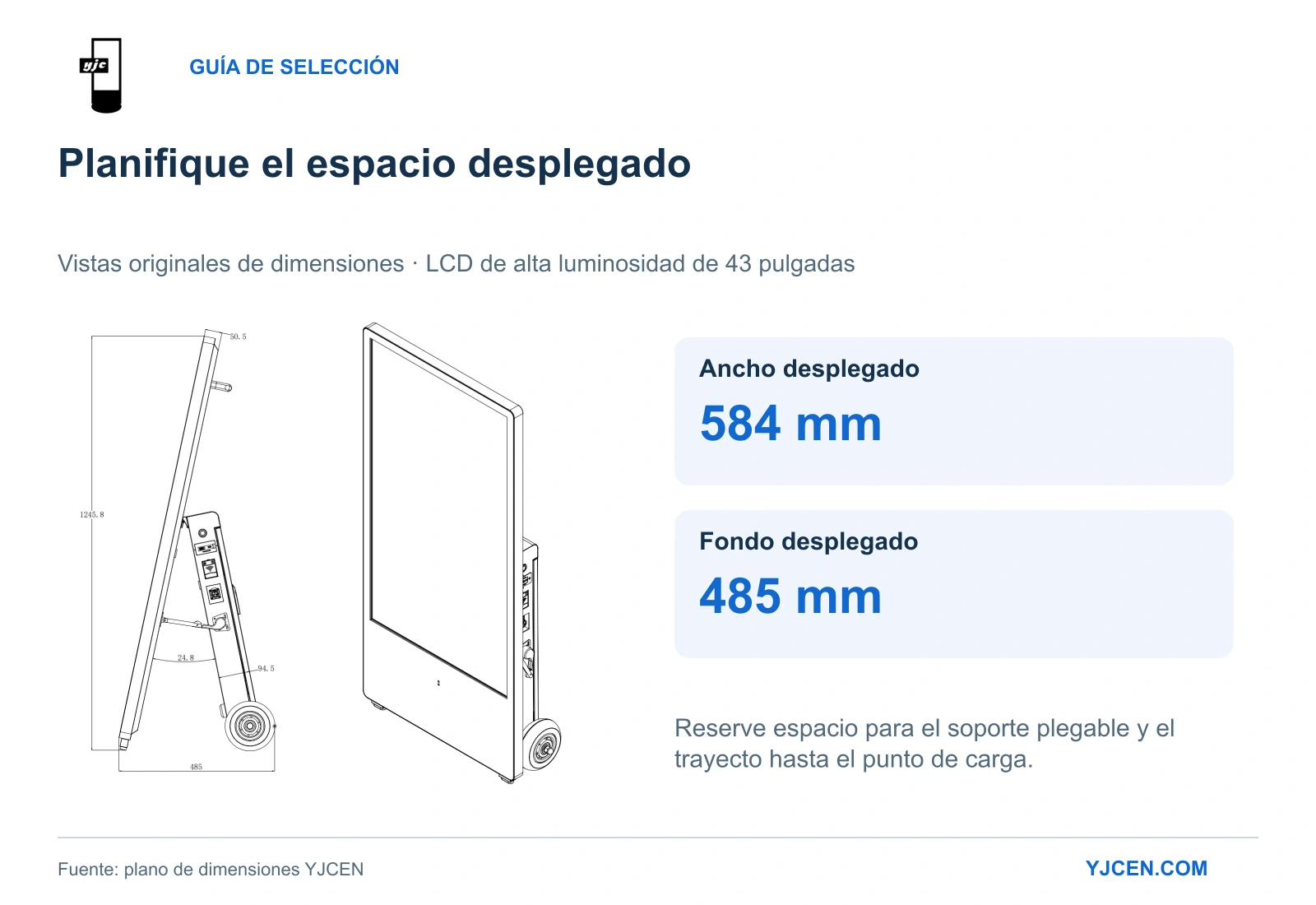 Vistas originales de dimensiones YJCEN de la pantalla con batería de 43 pulgadas: 584 mm de ancho y 485 mm de fondo con el soporte desplegado.