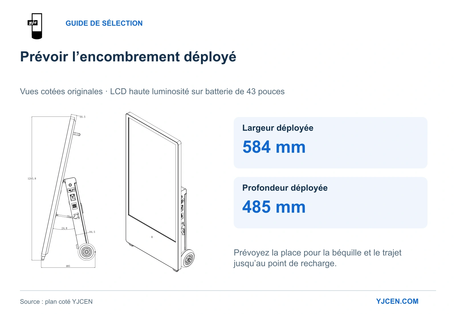 Vues cotées originales YJCEN de l’écran sur batterie de 43 pouces, avec 584 mm de largeur et 485 mm de profondeur en position déployée.