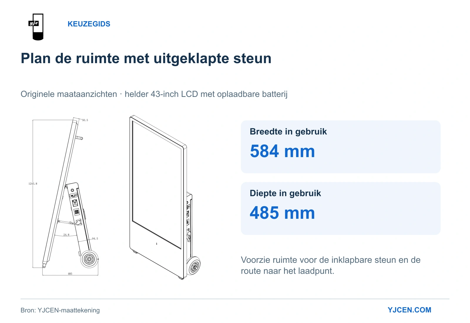 Originele YJCEN-maataanzichten van het 43-inch display met oplaadbare batterij, met een uitgeklapte breedte van 584 mm en diepte van 485 mm.