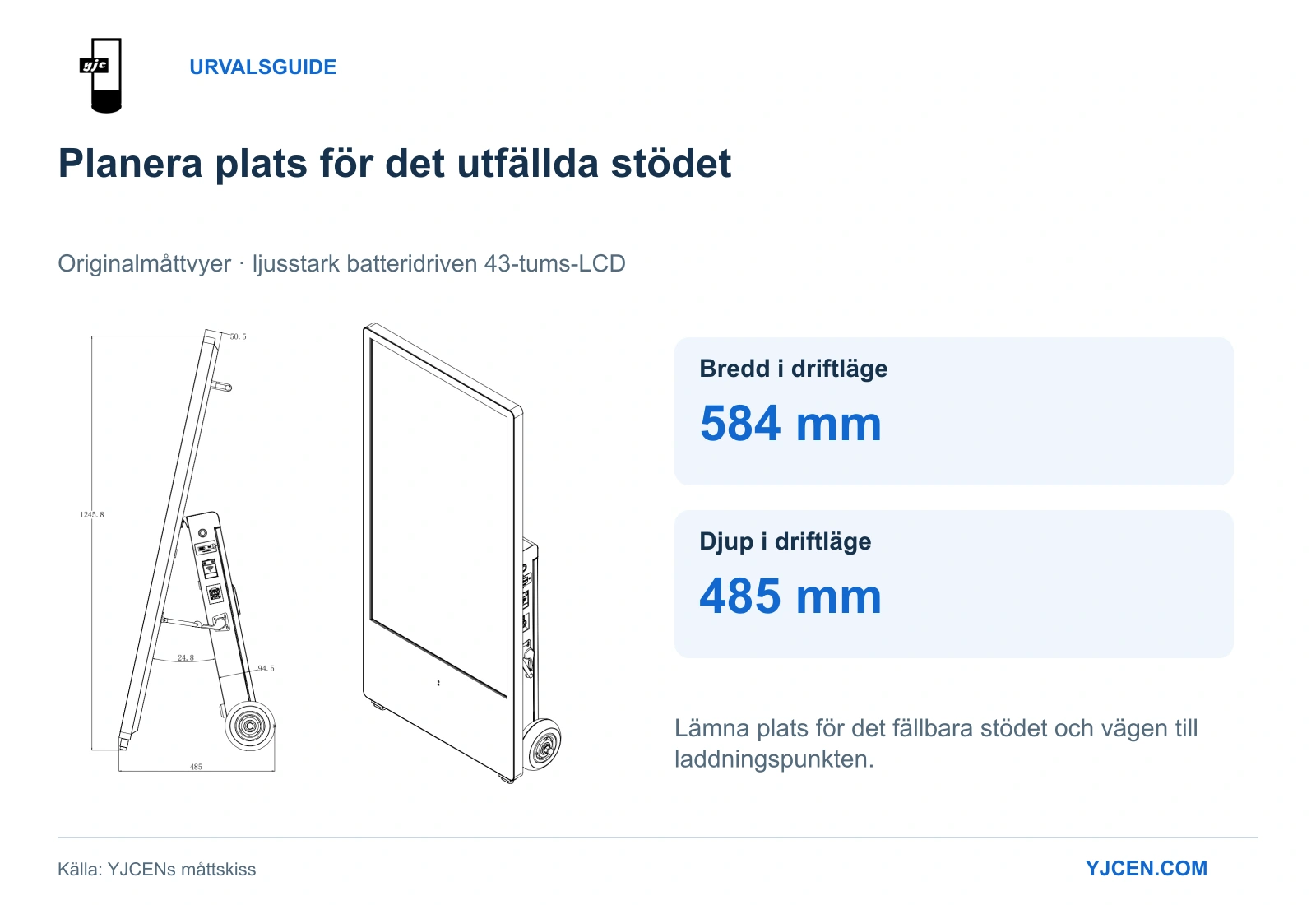 YJCENs ursprungliga måttvyer av den batteridrivna 43-tumsskärmen, med uppställd bredd på 584 mm och djup på 485 mm.