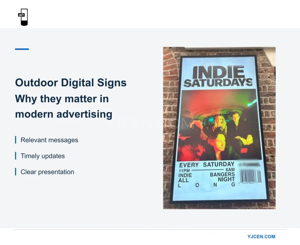 A YJCEN outdoor display mounted on a brick wall shows an event advertisement beside the article title.