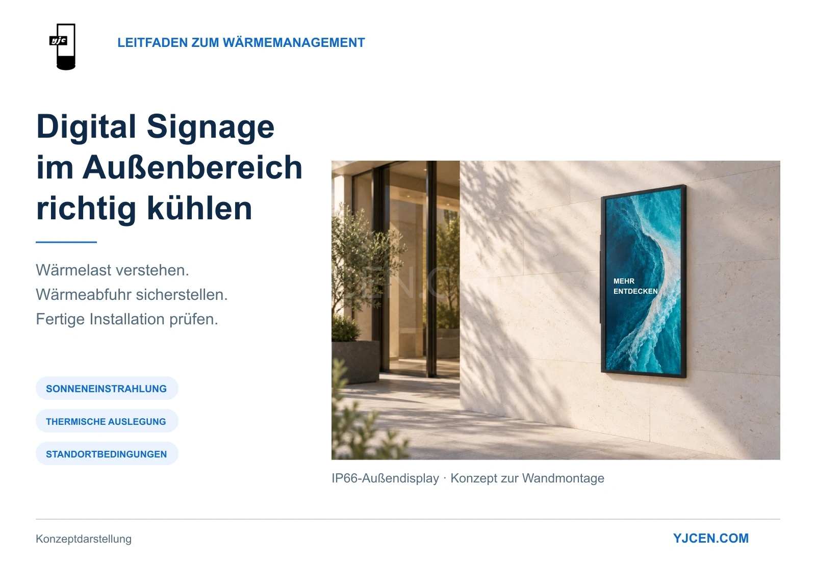 Konzeptdarstellung eines hochkant montierten YJCEN-Außendisplays an einer sonnigen Außenwand mit Hinweisen zum Wärmemanagement.