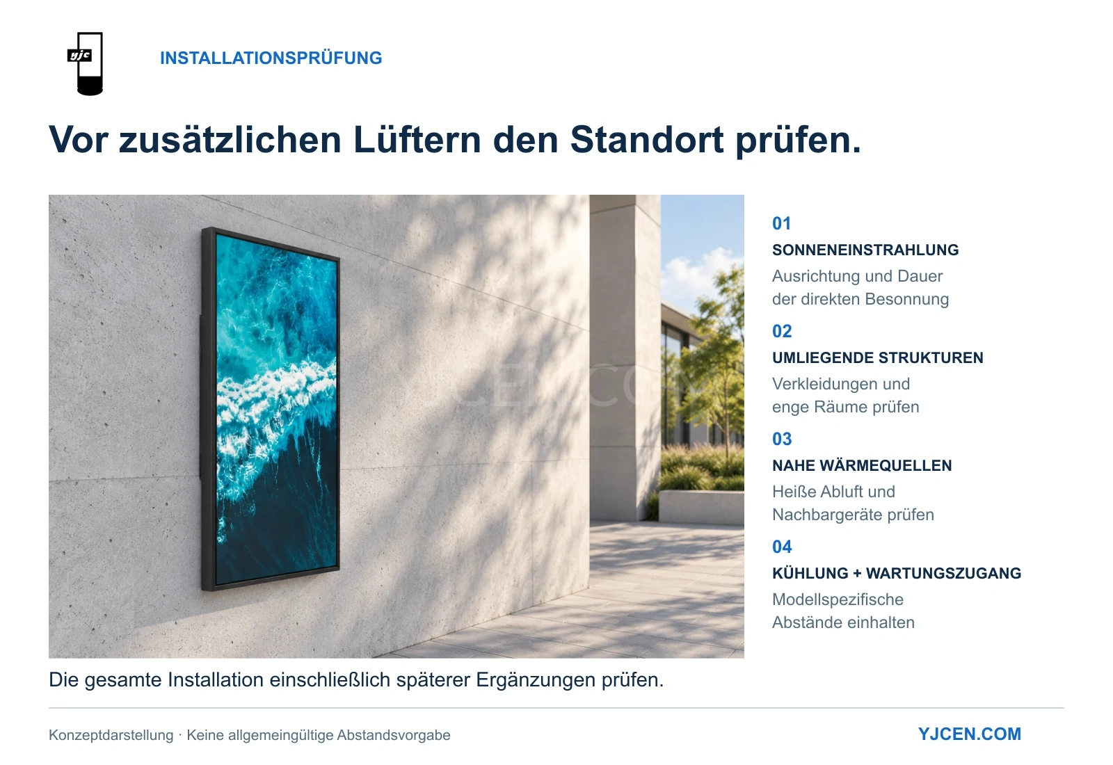 Konzept eines wandmontierten Außendisplays mit Prüfungen zu Sonne, umliegenden Strukturen, Wärmequellen sowie Kühl- und Wartungszugang.