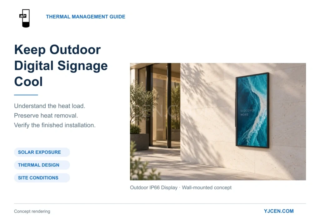 Concept rendering of a portrait YJCEN outdoor display on a sunlit exterior wall, with key steps for thermal management.