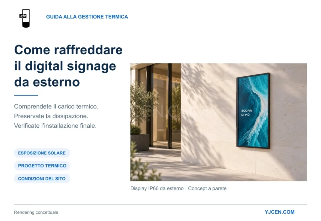 Rendering concettuale di un display YJCEN verticale su una parete esterna soleggiata, con indicazioni per la gestione termica.