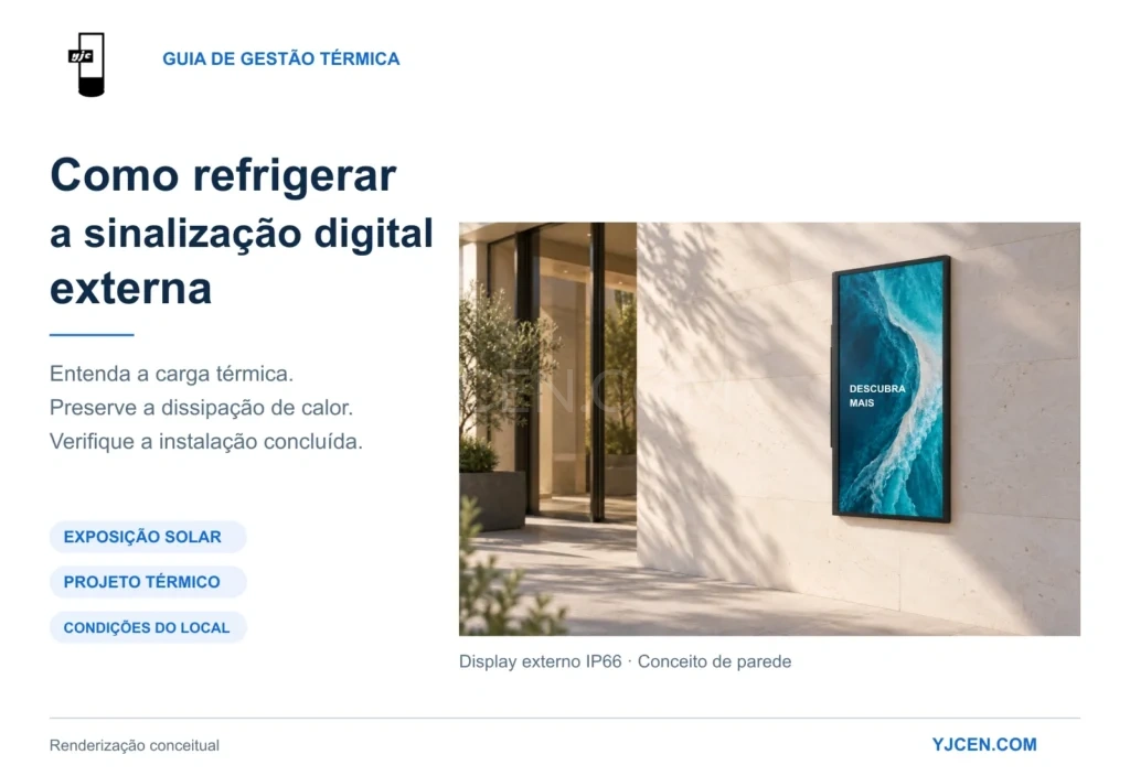 Renderização conceitual de um display externo YJCEN vertical em uma parede ensolarada, com etapas de gestão térmica.
