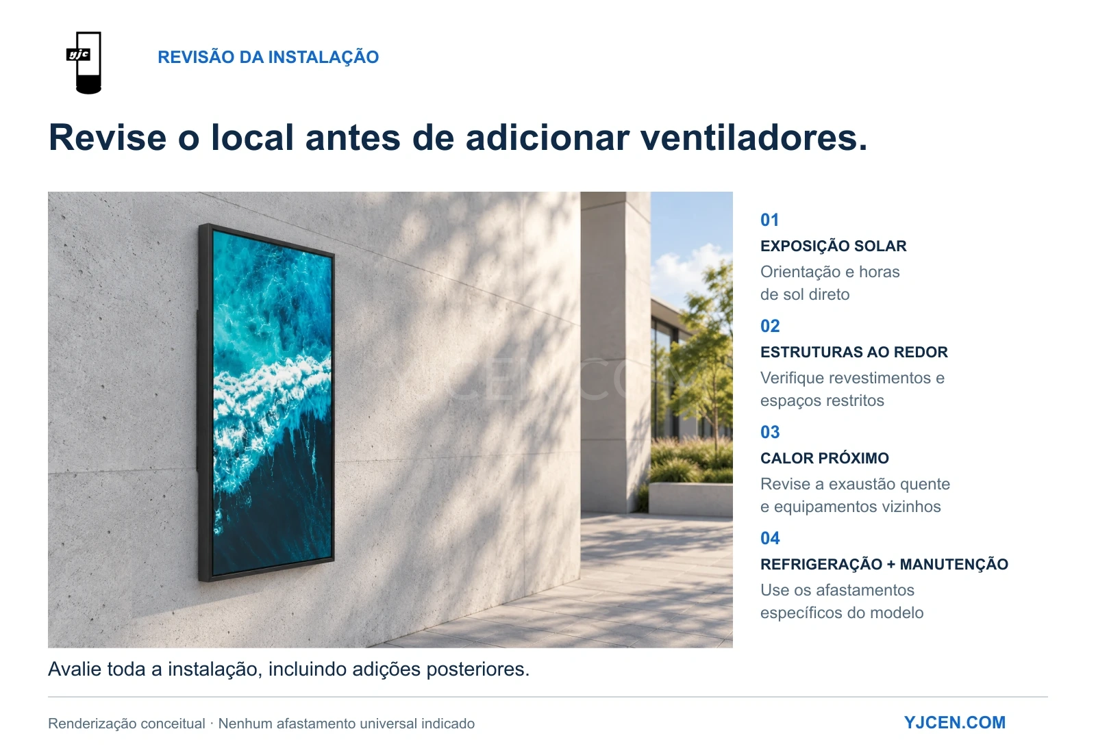 Conceito de display externo de parede com verificações de sol, estruturas, calor próximo e espaços de refrigeração e manutenção.