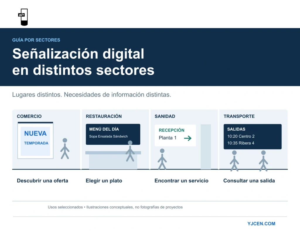 Cuatro escenas ilustradas muestran promociones comerciales, menús de restaurante, indicaciones en centros sanitarios e información de salidas.