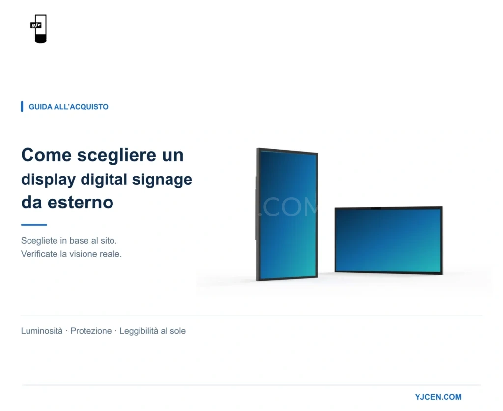 Display LCD da esterno verticali e orizzontali accanto al titolo della guida alla scelta del digital signage da esterno.