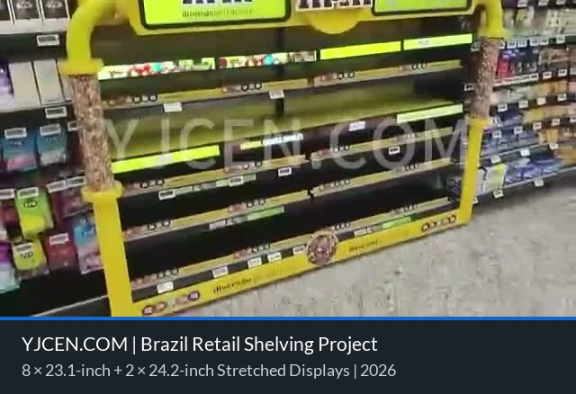 Anteprima video dei display LCD sui ripiani e nella parte superiore dello scaffale per dolciumi in Brasile, con contenuti promozionali.
