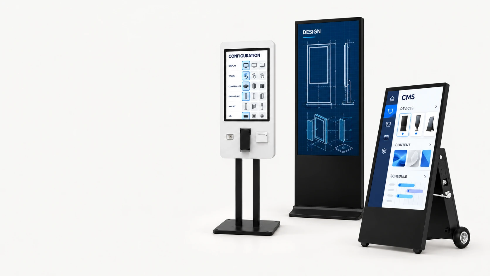 Concept illustration of YJCEN display hardware showing engineering drawings, configuration tables and digital signage CMS interface mockups.