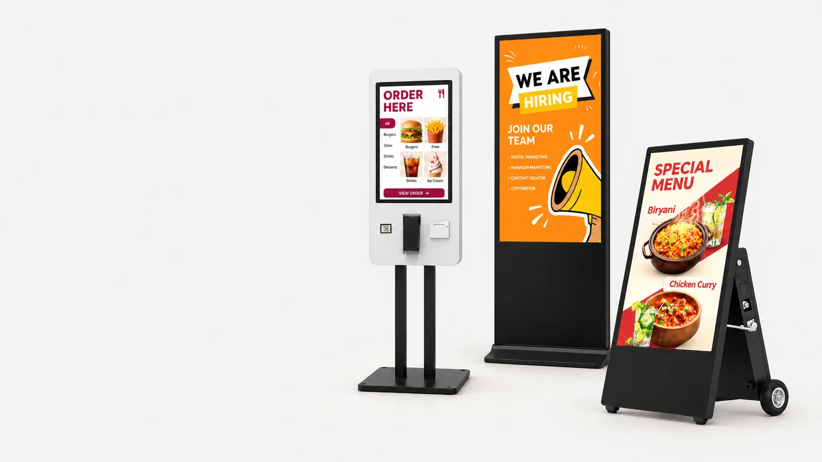 Produktillustration: Ein YJCEN-Bestellterminal zeigt eine Speisekarte, ein freistehendes Display eine orangefarbene Werbeanzeige und ein Display auf Rollen Restaurantangebote.
