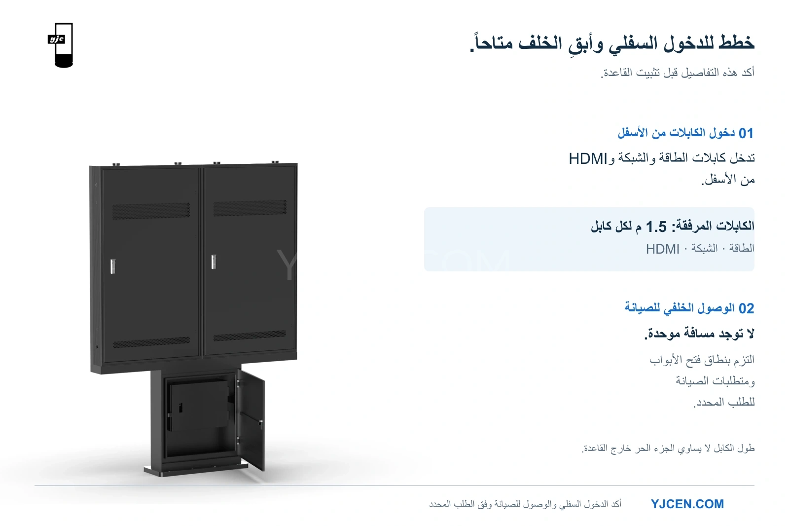 منظر خلفي لوحدة YJCEN بشاشتين وباب قاعدة مفتوح مع إرشادات دخول الكابلات من الأسفل والوصول للصيانة.