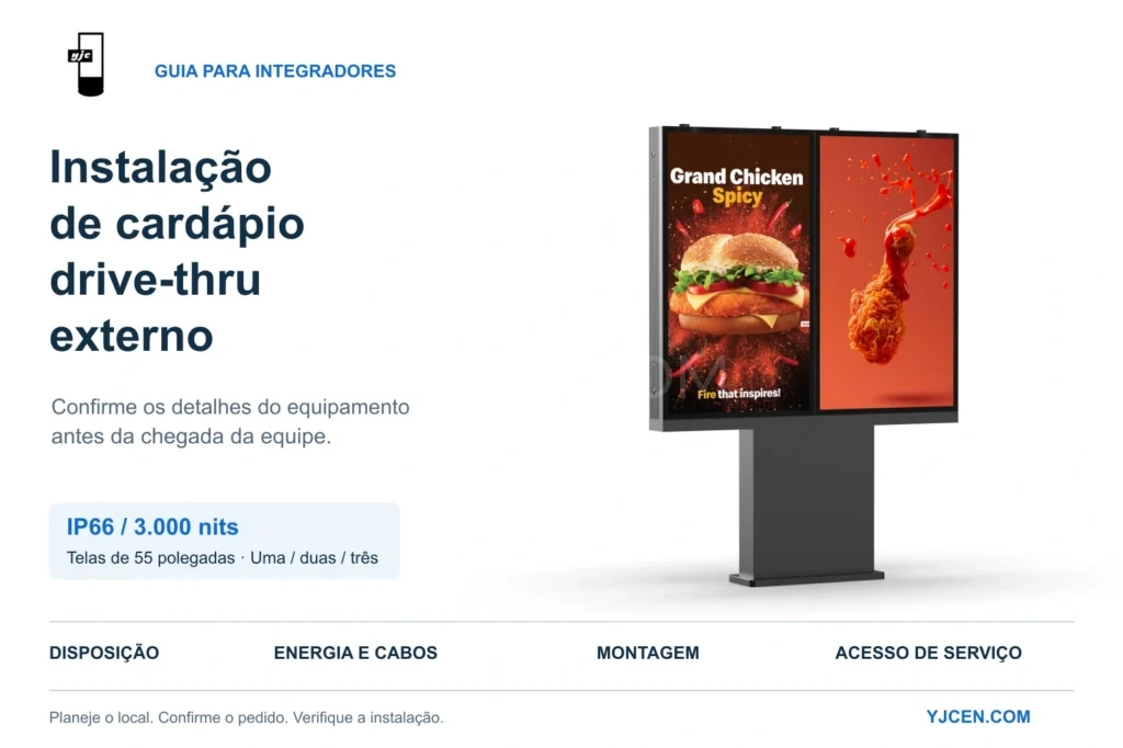 Cardápio externo YJCEN de duas telas com orientações de instalação, proteção IP66 e brilho de 3.000 nits.