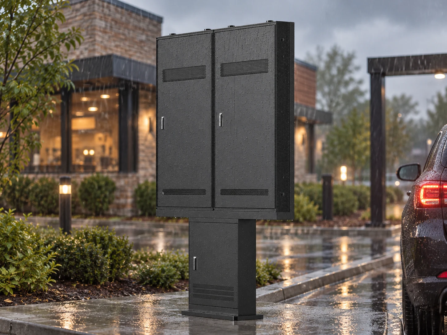Ilustración de uso: la parte trasera de la carcasa de un menú digital de dos pantallas para drive-thru, al aire libre bajo la lluvia.