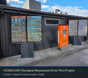 Zwei digitale YJCEN Drive-thru-Menütafeln mit je zwei 55-Zoll-Displays neben dem Bestellpunkt eines Restaurants in Europa.