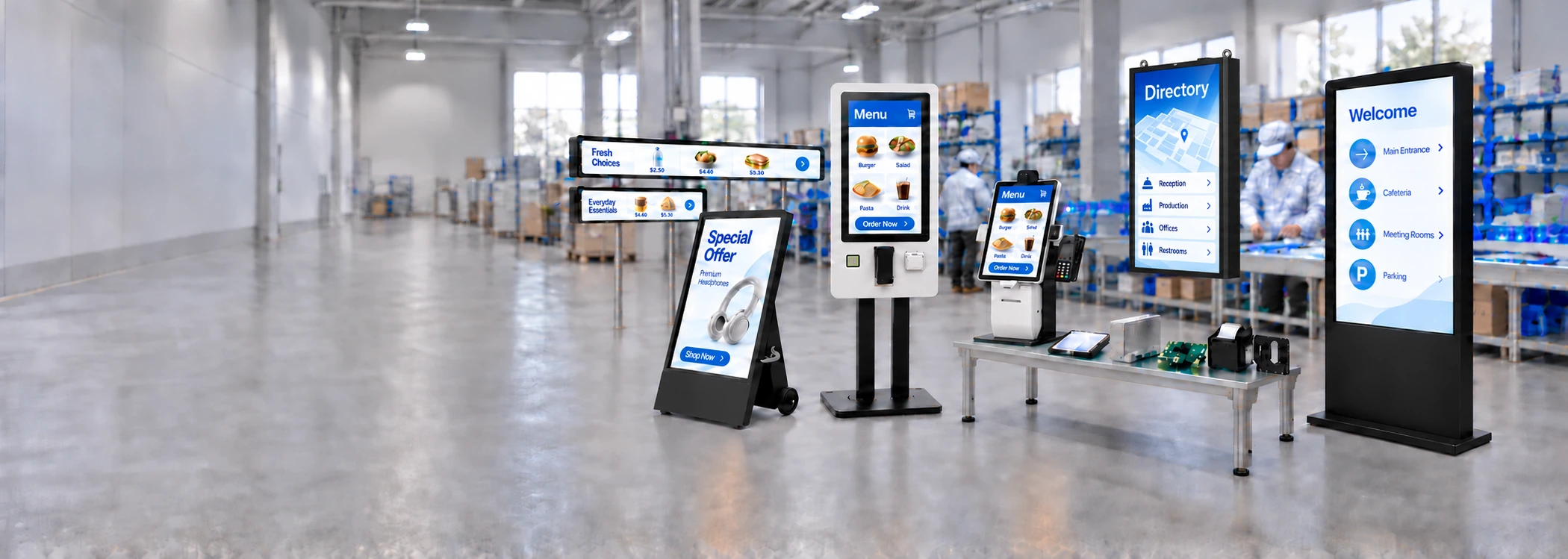 Photographic-style illustrative composite of YJCEN display and kiosk hardware, including a battery A-board, tall floor kiosk and modular desktop kiosk with its base.