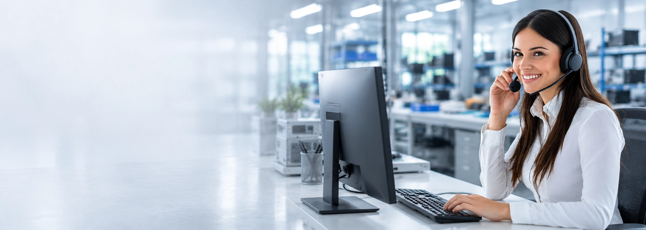 Illustrative technical-support scene with a headset support representative and desktop monitor.