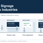 Four illustrated settings show retail promotions, restaurant menus, healthcare directions and transport departure information.