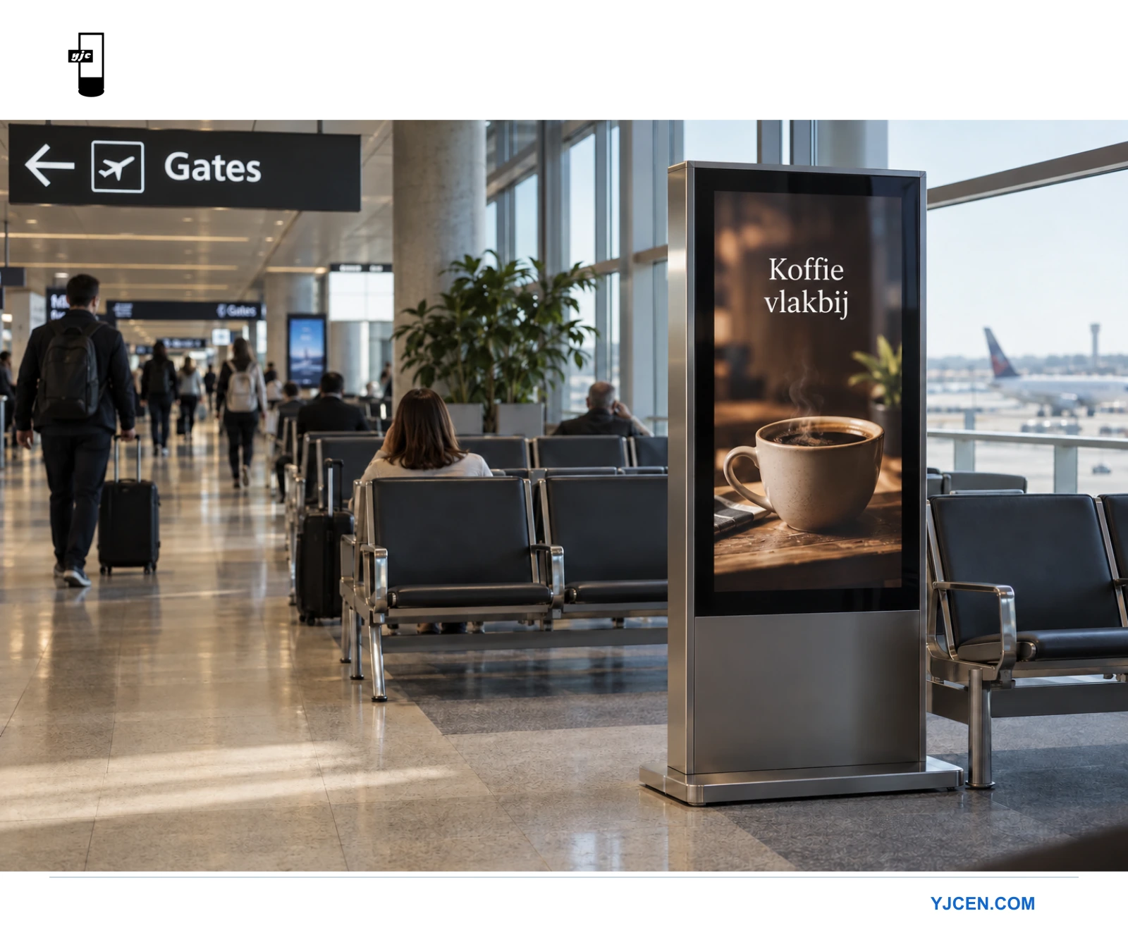 Een staande reclamekiosk bij luchthavenstoelen toont koffie terwijl een apart hangend bord naar gates wijst.
