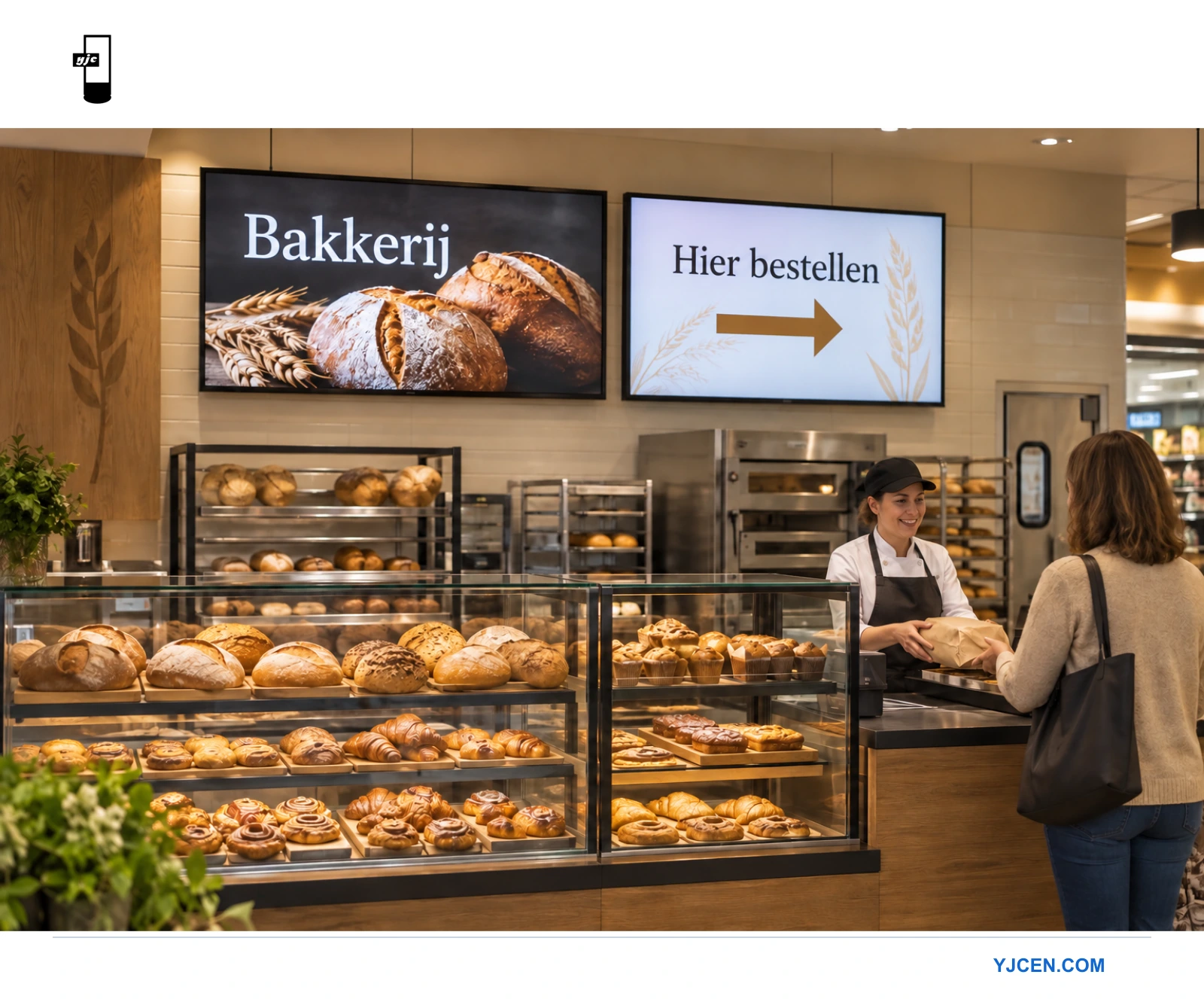 Twee professionele wanddisplays boven een bakkerijtoog tonen broodbeelden en “Bestel hier”.