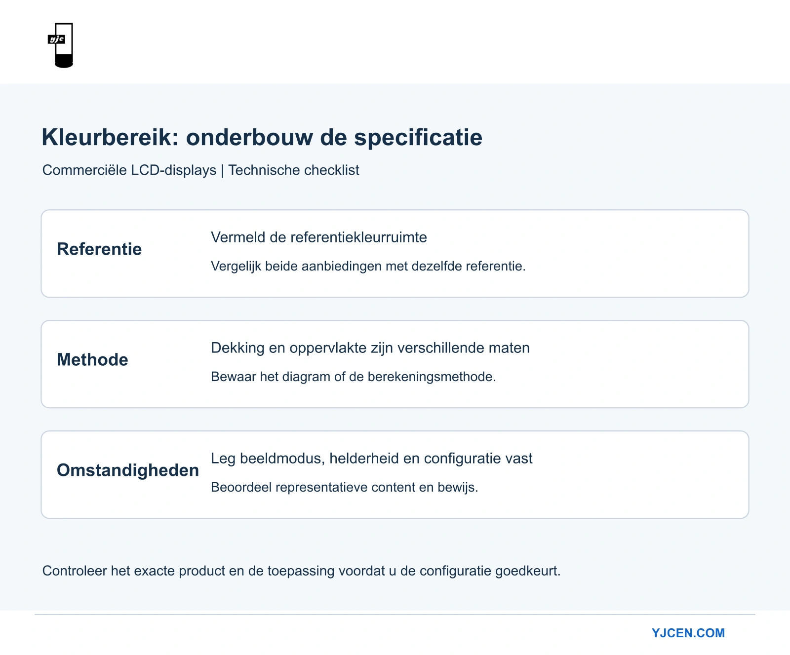 Checklist met de referentiekleurruimte, de methode voor kleurdekking of oppervlakteverhouding, de bedrijfsmodus en het bewijs voor acceptatie.