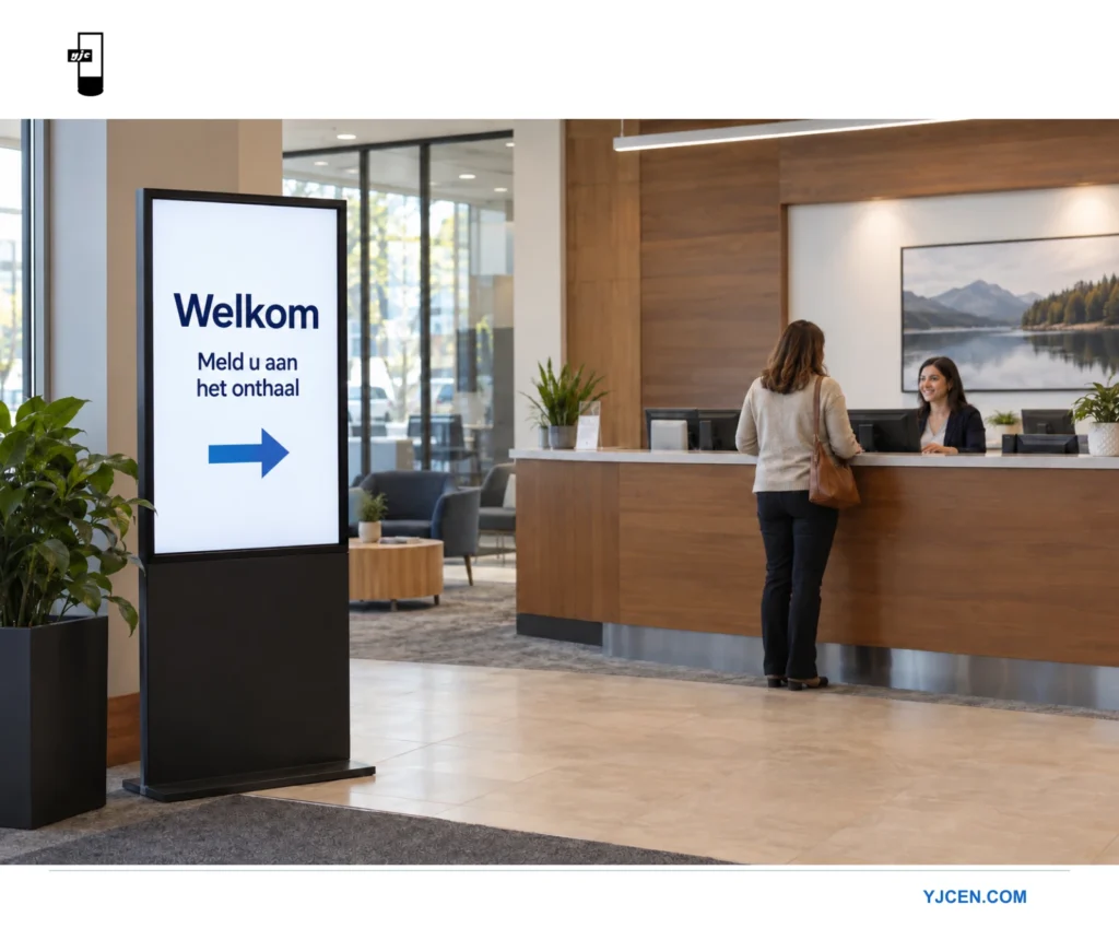 Een staand display naast het bankonthaal toont welkom en een pijl naar het onthaal.