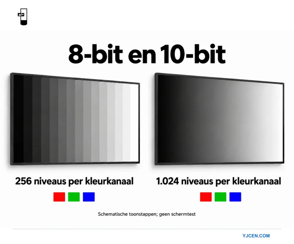 Twee illustraties van professionele displays vergelijken 256 en 1.024 niveaus per kleurkanaal.
