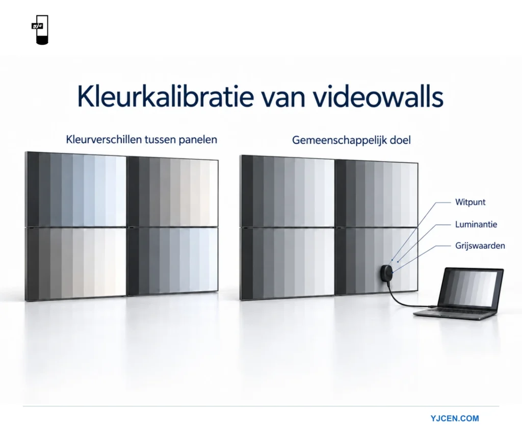 Twee LCD-videowalls illustreren kleurverschillen tussen panelen en een gezamenlijk kalibratiedoel met een meetsensor.