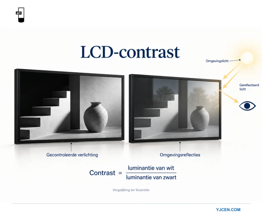 Twee professionele LCD-panelen vergelijken gecontroleerde verlichting en omgevingsreflecties naast de formule voor contrastverhouding.