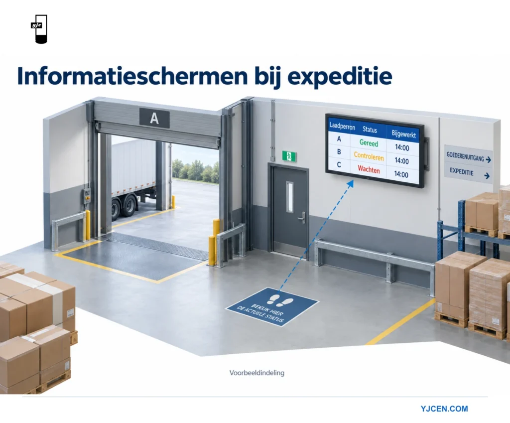 Een laadruimte in een magazijn met een expeditiedisplay voor laadplaatsstatus en bijwerktijden, gezien vanaf een gemarkeerde leespositie.