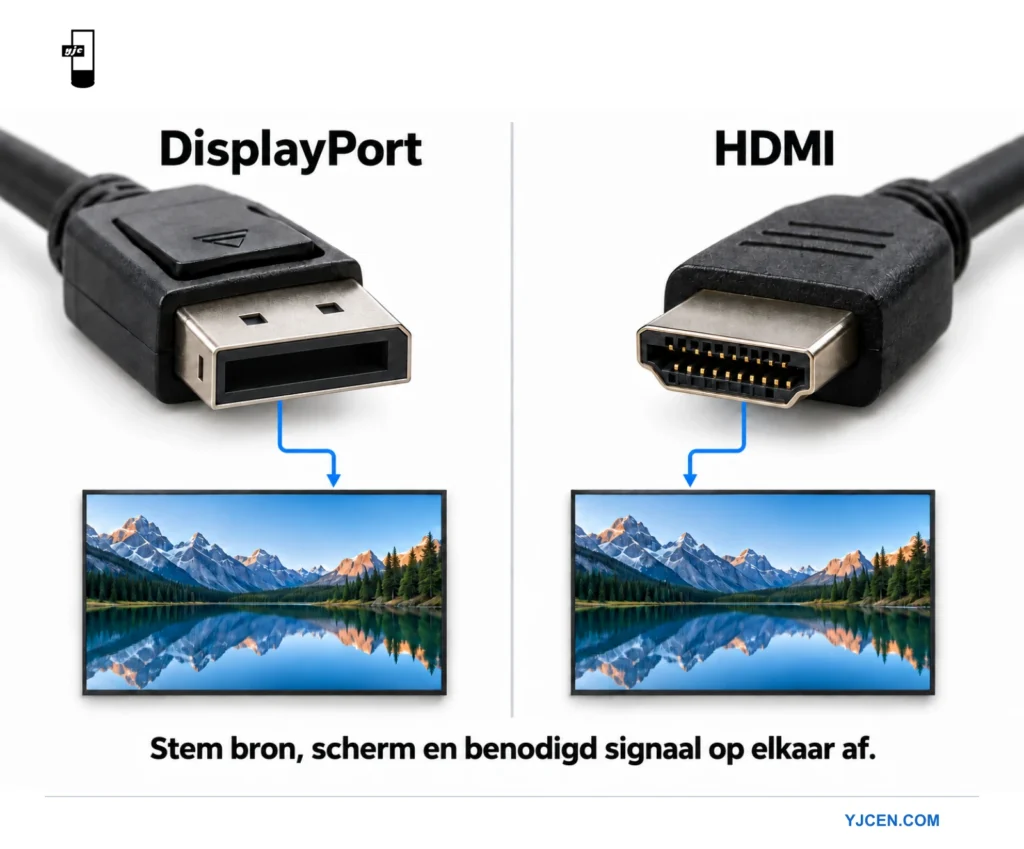 Afbeeldingen van DisplayPort- en HDMI-aansluitingen boven twee professionele displays.