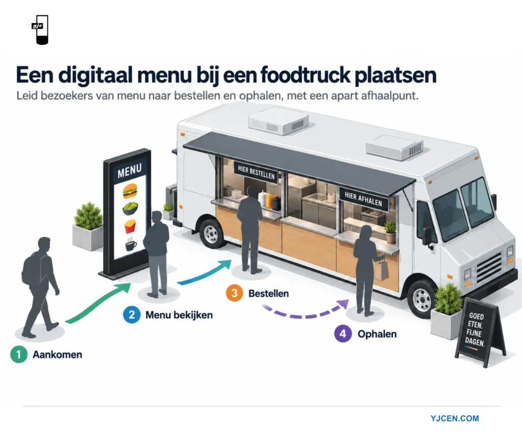 Planningsschema voor een foodtruck waarin naderende klanten een vrijstaand menubord lezen voordat ze bestellen en hun eten afhalen.