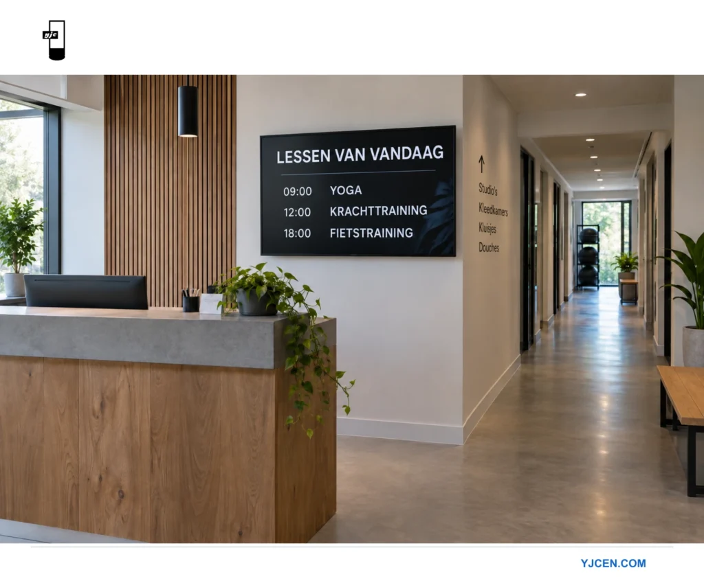 Wanddisplay naast de onthaalbalie van een fitnesscentrum met het lesrooster van vandaag voor yoga, krachttraining en spinning.