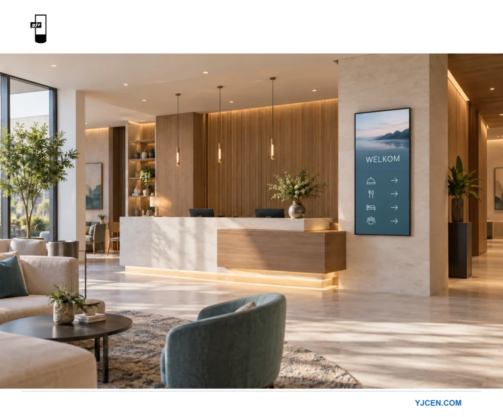 Hotelonthaal met een wanddisplay voor welkom en bewegwijzering.