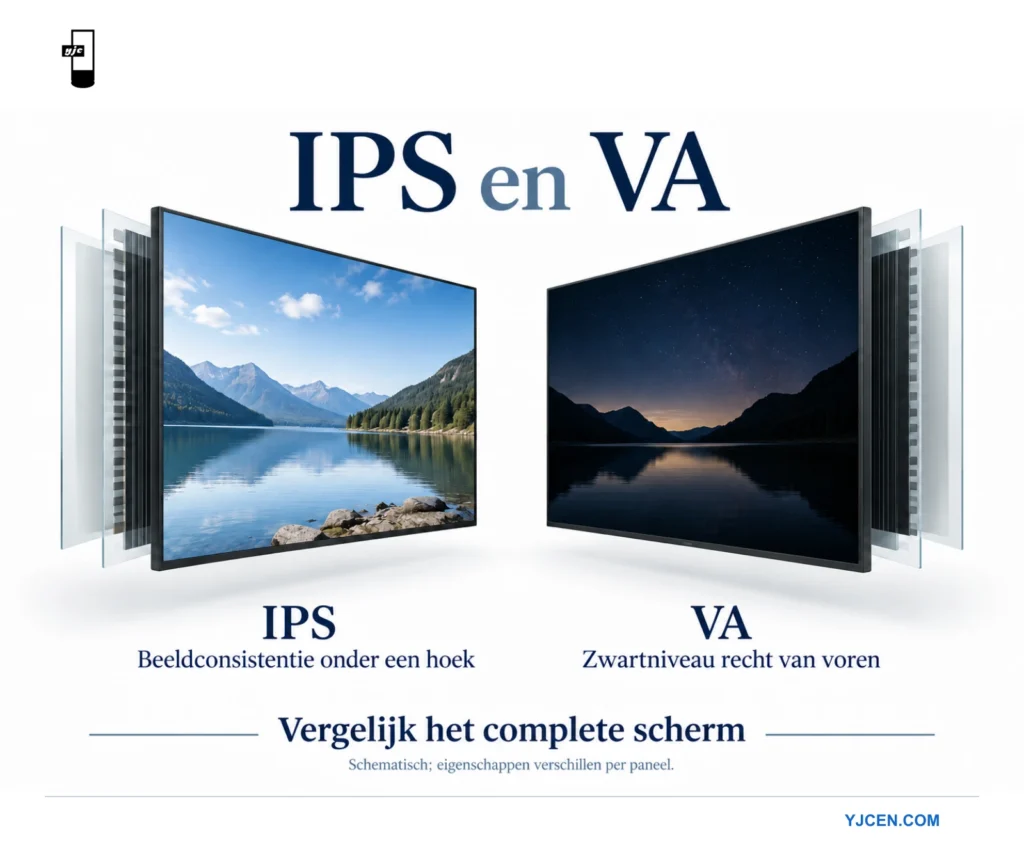 Illustratie van IPS- en VA-displaypanelen met labels voor kijkhoekconsistentie en zwartniveau recht van voren.